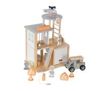 Hygrad Built to Survive Wooden Fire Station Play Set - Fire Station With Helicopter Landing Area, Fire Engine, Helicopter, 2 Figures & Accessories - Child