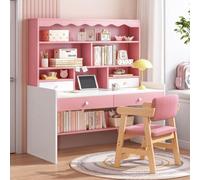 Hygrad Built to Survive Girl's Wooden Pink/White Free Standing Study Table Desk With Shelves & Drawers For Kids Children Home in Pink Hygrad Built to Survive Pink