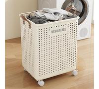 HYGRAD® Foldable Laundry Basket 42L Large Heavy Duty Laundry Hamper On Wheels Fold Away Space Saving Laundry Storage Bin Hamper For Clothes (Cream)