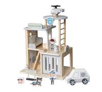 HYGRAD® Wooden Police Station Playset for Kids - Multilevel Pretend Play Toy Dollhouse, 3-Level with Figures, Car, Helicopter Pad, Prison Cell and Accessories