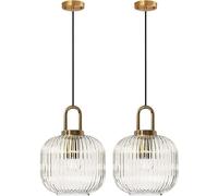 HYHDDM 2-Pack Ribbed Glass Pendant Lights-Bronze Finish Ceiling Lamps with Clear Striped Shade for Kitchen Island, Dining Room