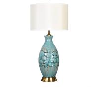 HYHDDM Blue Glazed Ceramic Table Lamp, Small Fish Pattern Hand-Painted Bedside Desk Lamp for Study Antique Collection