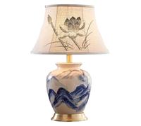 HYHDDM Chinese Style Ceramic Table Lamp, Fabric Shade Button Switch Brass Base Decor Desk Lamp for Bedroom Home Decor