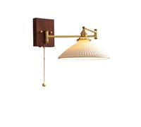 HYHDDM Vintage Brass Swinging Arm Wall Lamp - Pleated Glass Pull Chain Sconce with Wood Base for Bedroom, Hotel Lighting(A)