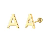 HYHJYMG 18G Tiny Initial Stud Earrings for Women Girls 925 Sterling Silver 14K Gold Plated Hypoallergenic Cute Small Alphabet Letter Cartilage Tragus 3mm Ball Screw Back Piercing Sensitive Ear