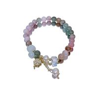 HYHJYMG Accessories Bracelet,Natural Colored Agate Beaded Bracelets,Gold Edge Four Leaf Clover Pendant Bangles,Elastic Crystal Bracelet Reiki Crystal Jewelry for Men Women