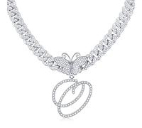 HYHJYMG Cursive Initial Pendant Necklace Butterfly Iced Out Miami Cuban Link Chain for Women Diamond Initial Choker Necklace Alphabet A-Z Hip Hop Necklace Rapper Jewelry