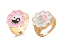 HYHJYMG Drop Oil Flower Ring Sweet Love Gossip Tai Chi Ring Yin & Yang Pink & White Round Signet Band Ring, Gold pink, Medium