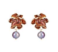 HYHJYMG Earrings French Retro High Grade Pearl Dropping Oil 3D Leaf Flower Earrings