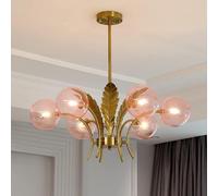 HYHJYMG Lamp Globe Mid-Century 6 Lights Ceiling Light Milk Semi Flush Chandelier with Brass Leaf Decor, Gold,White White Glass(Pink Glass)