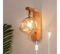 HYHJYMG lamp Vintage Glass Plug in Wood Rustic Mounted Light Amber Ice Block Mid Century Sconce Antique Farmhouse Wall Lamp for Bedroom Bedside Living Room Hallway Kitchen