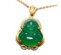 HYHJYMG Natural Feng Shui Green Jade Necklace Pendant for Women Genuine Yoga Chalcedony Maitreya Buddha Male Smiling Buddha S925 Silver Gold Plated
