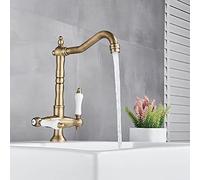 HYHJYMG Widespread Kitchen Sink Faucet for Bar Farmhouse Commercial, Black Antique Kitchen Double Handle White Deck Mount Hot Cold Mixer Crane Taps, 360 Swivel Rotation Faucets(Antique Brass)