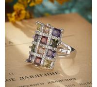 HYHJYMG Womens Big Large Exaggeration Full Cubic Zirconias Ring,Seven-Colour Diamond Platinum Plated Crystal Cocktail Party Statement Ring Luxurious Eternity Wedding Engagement Gemstone Ring Jewelry
