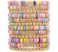 HYHONEY 12pcs Friendship Bracelets Beaded Bracelets Heishi Bracelet Cute Bracelets Stack Vinyl Clay Disc Bead Surfer Stretch Summer Beach Bracelets For Women Preppy Bracelets, adjustable, Clay, Vinyl