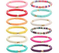HYHONEY 12pcs Friendship Bracelets Beaded Bracelets Heishi Bracelet Cute Bracelets Stack Vinyl Clay Disc Bead Surfer Stretch Summer Beach Bracelets For Women Preppy Bracelets, adjustable, Vinyl, clay