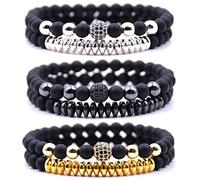 HYHONEY 3 Set Micro Pave Zircon Charm 6mm Beads Bracelet for Men Women His and Hers Couple Bracelet Natural Black Stone Beads Elastic Adjustable, Stone, stone
