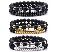 HYHONEY 3 Set Micro Pave Zircon Crown King Charm 8mm Beads Bracelet for Men Women His and Hers Couple Bracelet Natural Black Matte Onyx Stone Hematite Beads Elastic Adjustable, Stone, zircon