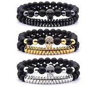 HYHONEY 3 Set Micro Pave Zircon Crown King Charm 8mm Beads Bracelet for Men Women His and Hers Couple Bracelet Natural Black Matte Onyx Stone Hematite Beads Elastic Adjustable, zircon
