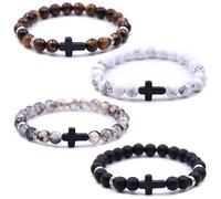 HYHONEY 8MM Beaded Bracelets Couples Bracelets Cross Bracelet for Women Men Lava Rock Turquoise Tiger Eye Natural Bracelet Anxiety Stretch Elastic Healing Bracelet