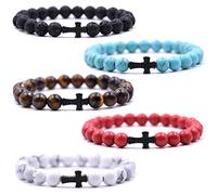 HYHONEY 8MM Beaded Bracelets Couples Bracelets Cross Bracelet for Women Men Lava Rock Turquoise Tiger Eye Natural Bracelet Anxiety Stretch Elastic Healing Bracelet, Una talla, Stone, stone