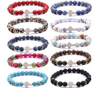 HYHONEY 8MM Beaded Bracelets Couples Bracelets Cross Bracelet for Women Men Lava Rock Turquoise Tiger Eye Natural Bracelet Anxiety Stretch Elastic Healing Bracelet, One Size, Stone Crystal, stone