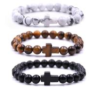 HYHONEY 8MM Beaded Bracelets Couples Bracelets Cross Bracelet for Women Men Lava Rock Turquoise Tiger Eye Natural Bracelet Anxiety Stretch Elastic Healing Bracelet