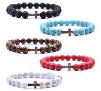 HYHONEY 8MM Beaded Bracelets Couples Bracelets Cross Bracelet for Women Men Lava Rock Turquoise Tiger Eye Natural Bracelet Anxiety Stretch Elastic Healing Bracelet