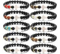 HYHONEY 8MM Beaded Bracelets Couples Bracelets Cross Bracelet for Women Men Lava Rock Turquoise Tiger Eye Natural Bracelet Anxiety Stretch Elastic Healing Bracelet