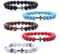 HYHONEY 8MM Beaded Bracelets Couples Bracelets Cross Bracelet for Women Men Lava Rock Turquoise Tiger Eye Natural Bracelet Anxiety Stretch Elastic Healing Bracelet