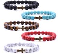 HYHONEY 8MM Beaded Bracelets Couples Bracelets Cross Bracelet for Women Men Lava Rock Turquoise Tiger Eye Natural Bracelet Anxiety Stretch Elastic Healing Bracelet