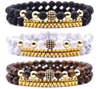 HYHONEY Micro Pave Zircon Beads Bracelet for Men Women 6mm Beads Couples Bracelet Handmade Natural Stone Beaded Elastic Adjustable Bracelet, One Size, Stone, stone