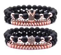 HYHONEY Micro Pave Zircon Crown King Charm 8mm Beads Bracelet for Men Women His and Hers Couple Bracelet Natural Black Matte Onyx Stone Hematite Beads Elastic Adjustable, One Size, Stone, zircon