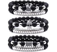 HYHONEY Micro Pave Zircon Crown King Charm 8mm Beads Bracelet for Men Women His and Hers Couple Bracelet Natural Black Matte Onyx Stone Hematite Beads Elastic Adjustable, One Size, Stone, zircon