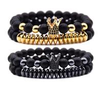 HYHONEY Micro Pave Zircon Crown King Charm 8mm Beads Bracelet for Men Women His and Hers Couple Bracelet Natural Black Matte Onyx Stone Hematite Beads Elastic Adjustable, One Size, Stone, zircon