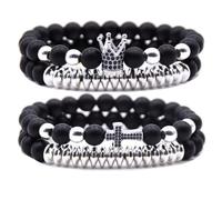HYHONEY Micro Pave Zircon Crown King Charm 8mm Beads Bracelet for Men Women His and Hers Couple Bracelet Natural Black Matte Onyx Stone Hematite Beads Elastic Adjustable, One Size, Stone, zircon
