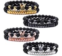 HYHONEY Micro Pave Zircon Crown King Charm 8mm Beads Bracelet for Men Women His and Hers Couple Bracelet Natural Black Matte Onyx Stone Hematite Beads Elastic Adjustable, One Size, Stone, zircon