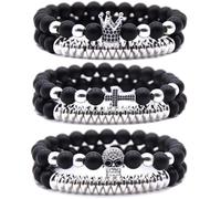 HYHONEY Micro Pave Zircon Crown King Charm 8mm Beads Bracelet for Men Women His and Hers Couple Bracelet Natural Black Matte Onyx Stone Hematite Beads Elastic Adjustable, One Size, Stone, zircon