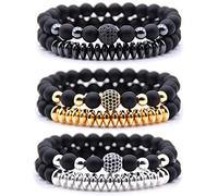 HYHONEY Micro Pave Zircon Crown King Charm 8mm Beads Bracelet for Men Women His and Hers Couple Bracelet Natural Black Matte Onyx Stone Hematite Beads Elastic Adjustable, One Size, Stone, zircon