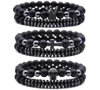 HYHONEY Micro Pave Zircon Crown King Charm 8mm Beads Bracelet for Men Women His and Hers Couple Bracelet Natural Black Matte Onyx Stone Hematite Beads Elastic Adjustable, One Size, Stone, zircon