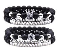 HYHONEY Micro Pave Zircon Crown King Charm 8mm Beads Bracelet for Men Women His and Hers Couple Bracelet Natural Black Matte Onyx Stone Hematite Beads Elastic Adjustable, One Size, Stone, zircon