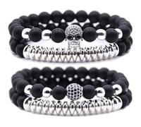 HYHONEY Micro Pave Zircon Crown King Charm 8mm Beads Bracelet for Men Women His and Hers Couple Bracelet Natural Black Matte Onyx Stone Hematite Beads Elastic Adjustable, One Size, Stone, zircon
