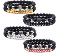 HYHONEY Micro Pave Zircon Crown King Charm 8mm Beads Bracelet for Men Women His and Hers Couple Bracelet Natural Black Matte Onyx Stone Hematite Beads Elastic Adjustable, One Size, Stone, zircon