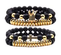 HYHONEY Micro Pave Zircon Crown King Charm 8mm Beads Bracelet for Men Women His and Hers Couple Bracelet Natural Black Matte Onyx Stone Hematite Beads Elastic Adjustable, One Size, Stone, zircon