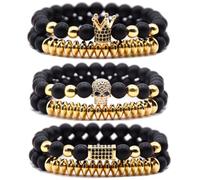 HYHONEY Micro Pave Zircon Crown King Charm 8mm Beads Bracelet for Men Women His and Hers Couple Bracelet Natural Black Matte Onyx Stone Hematite Beads Elastic Adjustable, One Size, Stone, zircon