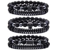 HYHONEY Micro Pave Zircon Crown King Charm 8mm Beads Bracelet for Men Women His and Hers Couple Bracelet Natural Black Matte Onyx Stone Hematite Beads Elastic Adjustable, One Size, Stone, zircon