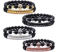 HYHONEY Micro Pave Zircon Crown King Charm 8mm Beads Bracelet for Men Women His and Hers Couple Bracelet Natural Black Matte Onyx Stone Hematite Beads Elastic Adjustable, One Size, Stone, zircon