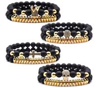 HYHONEY Micro Pave Zircon Crown King Charm 8mm Beads Bracelet for Men Women His and Hers Couple Bracelet Natural Black Matte Onyx Stone Hematite Beads Elastic Adjustable, One Size, Stone, zircon