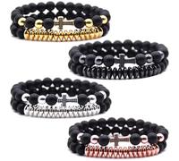 HYHONEY Micro Pave Zircon Crown King Charm 8mm Beads Bracelet for Men Women His and Hers Couple Bracelet Natural Black Matte Onyx Stone Hematite Beads Elastic Adjustable, One Size, Stone, zircon