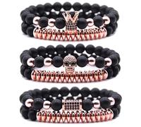 HYHONEY Micro Pave Zircon Crown King Charm 8mm Beads Bracelet for Men Women His and Hers Couple Bracelet Natural Black Matte Onyx Stone Hematite Beads Elastic Adjustable, One Size, Stone, zircon